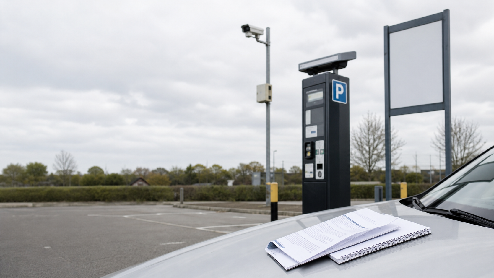 Private car park payment machine, camera, parking sign, paperwork, and notebook on a car bonnet